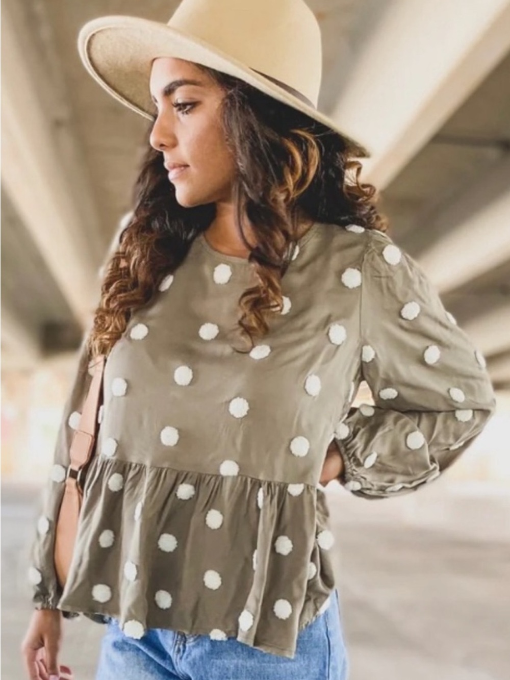 Altar'd State Babydoll Ruffled Taupe Peplum Long Sleeve Top with White Pom Dots